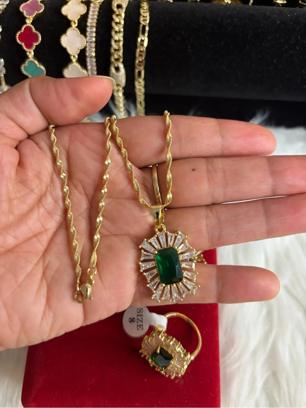 Gold-Tone Green Gemstone Pendant Necklace & Ring Set